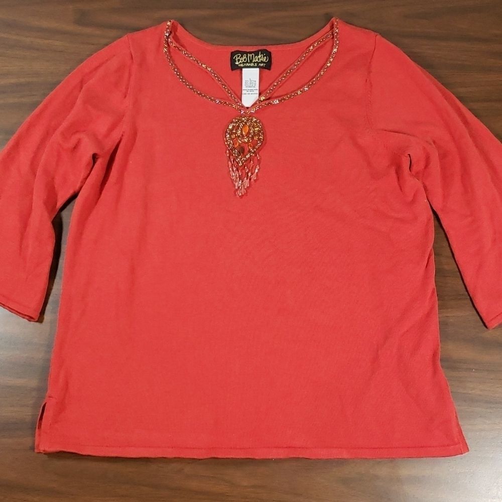 Bob Mackie Wearable Art Cut Out Neckline Necklace Look Beaded Rust Sweater Large